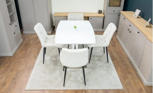 Set Masă Living Extensibilă KJT380 Blat Lucios Alb cu 4 Scaune Tapițate KJC0357 Bej