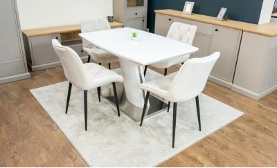 Set Masă Living Extensibilă KJT380 Blat Lucios Alb cu 4 Scaune Tapițate KJC0357 Bej