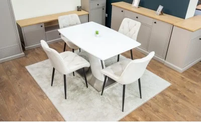 Set Masă Living Extensibilă KJT380 Blat Lucios Alb cu 4 Scaune Tapițate KJC0357 Bej