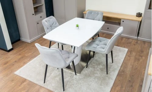 Set Masă Living Extensibilă KJT380 Blat Lucios Alb cu 4 Scaune Tapițate KJC0357 Gri