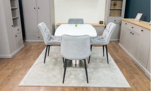 Set Masă Living Extensibilă KJT380 Blat Lucios Alb cu 4 Scaune Tapițate KJC0357 Gri