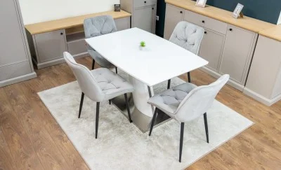 Set Masă Living Extensibilă KJT380 Blat Lucios Alb cu 4 Scaune Tapițate KJC0357 Gri