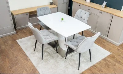 Set Masă Living Extensibilă KJT380 Blat Lucios Alb cu 4 Scaune Tapițate KJC0357 Gri
