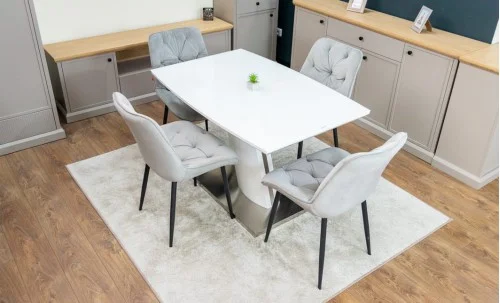 Set Masă Living Extensibilă KJT380 Blat Lucios Alb cu 4 Scaune Tapițate KJC0357 Gri