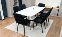 Set Masă Living Extensibilă KJT380 Blat Lucios Alb cu 6 Scaune Tapițate KJC176 Negre 4