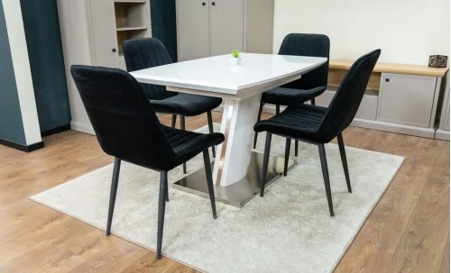 Set Masă Living Extensibilă KJT380 Blat Lucios Alb cu 4 Scaune Tapițate KJC176 Negre
