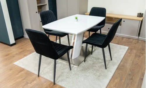 Set Masă Living Extensibilă KJT380 Blat Lucios Alb cu 4 Scaune Tapițate KJC176 Negre