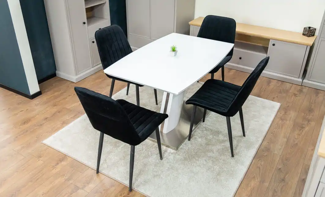 Set Masă Living Extensibilă KJT380 Blat Lucios Alb cu 4 Scaune Tapițate KJC176 Negre 5
