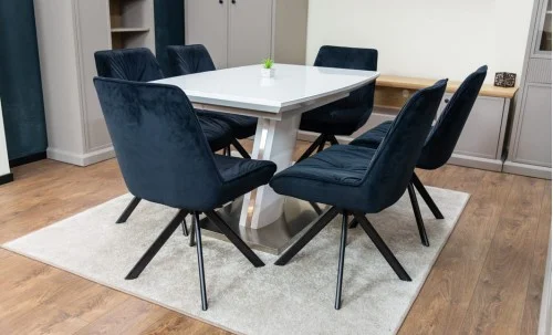 Set Masă Living Extensibilă KJT380 Blat Lucios Alb cu 6 Scaune Rotative KJC356 Negre
