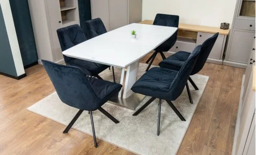 Set Masă Living Extensibilă KJT380 Blat Lucios Alb cu 6 Scaune Rotative KJC356 Negre