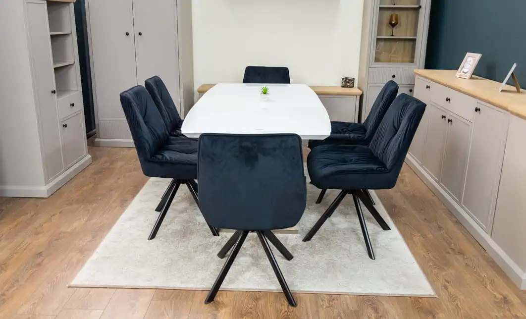 Set Masă Living Extensibilă KJT380 Blat Lucios Alb cu 6 Scaune Rotative KJC356 Negre 7