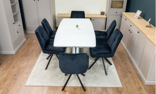 Set Masă Living Extensibilă KJT380 Blat Lucios Alb cu 6 Scaune Rotative KJC356 Negre