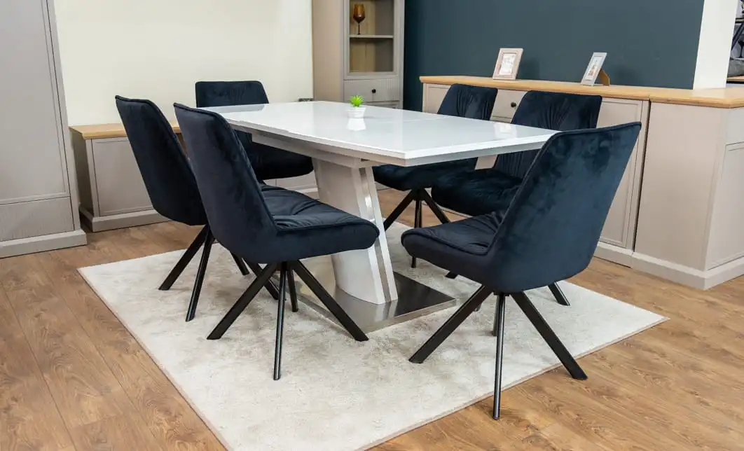 Set Masă Living Extensibilă KJT380 Blat Lucios Alb cu 6 Scaune Rotative KJC356 Negre 9