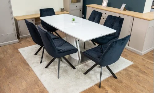 Set Masă Living Extensibilă KJT380 Blat Lucios Alb cu 6 Scaune Rotative KJC356 Negre