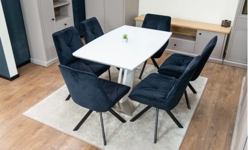 Set Masă Living Extensibilă KJT380 Blat Lucios Alb cu 6 Scaune Rotative KJC356 Negre