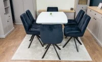 Set Masă Living Extensibilă KJT380 Blat Lucios Alb cu 6 Scaune Rotative KJC356 Negre