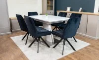 Set Masă Living Extensibilă KJT380 Blat Lucios Alb cu 6 Scaune Rotative KJC356 Negre 2