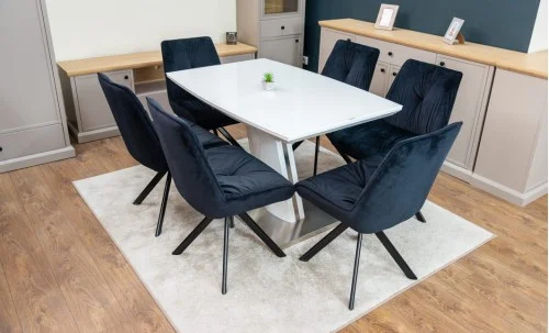 Set Masă Living Extensibilă KJT380 Blat Lucios Alb cu 6 Scaune Rotative KJC356 Negre