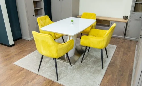 Set Masă Living Extensibilă KJT380 Blat Lucios Alb cu 4 Scaune KJC38 Galbene