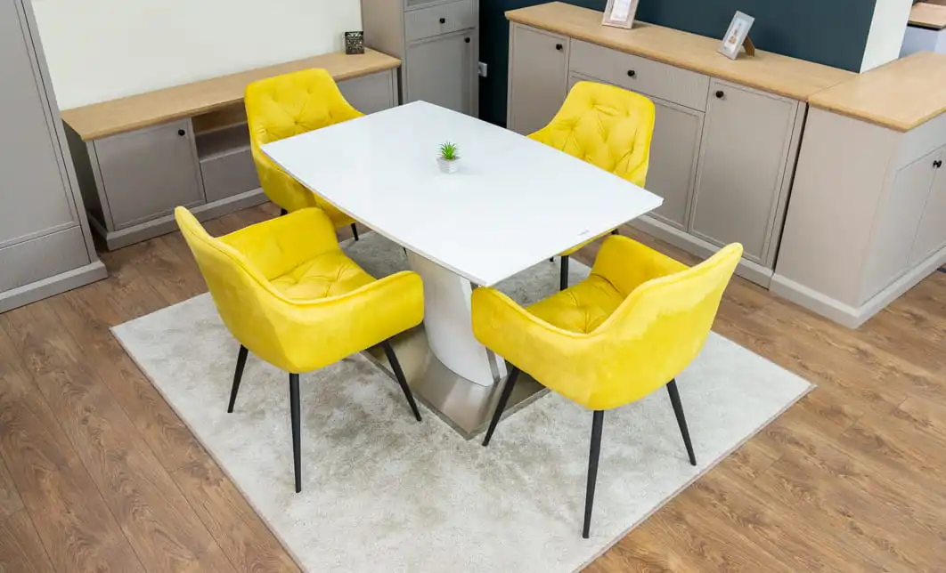 Set Masă Living Extensibilă KJT380 Blat Lucios Alb cu 4 Scaune KJC38 Galbene 1