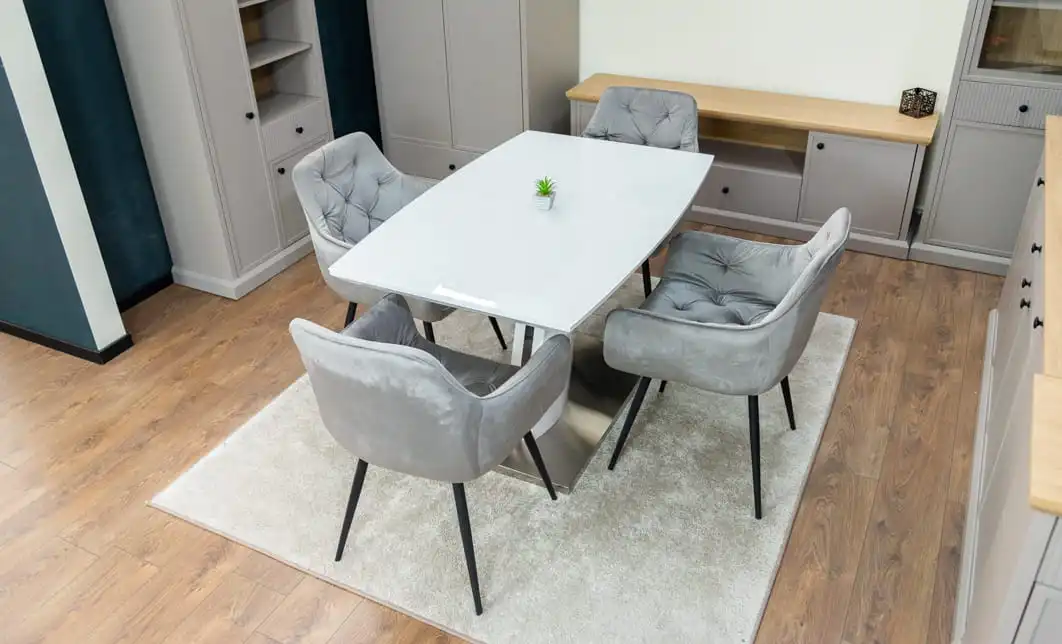 Set Masă Living Extensibilă KJT380 Blat Lucios Alb cu 4 Scaune KJC38 Gri 5