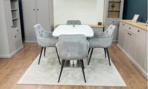 Set Masă Living Extensibilă KJT380 Blat Lucios Alb cu 4 Scaune KJC38 Gri