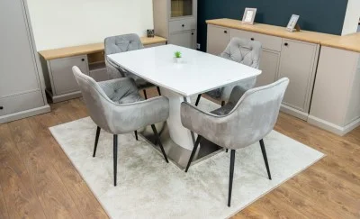 Set Masă Living Extensibilă KJT380 Blat Lucios Alb cu 4 Scaune KJC38 Gri