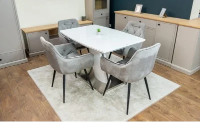 Set Masă Living Extensibilă KJT380 Blat Lucios Alb cu 4 Scaune KJC38 Gri