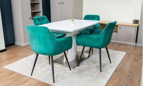 Set Masă Living Extensibilă KJT380 Blat Lucios Alb cu 4 Scaune KJC38 Verzi