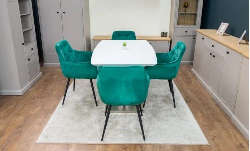 Set Masă Living Extensibilă KJT380 Blat Lucios Alb cu 4 Scaune KJC38 Verzi