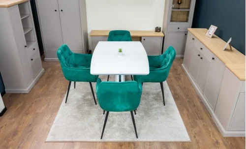 Set Masă Living Extensibilă KJT380 Blat Lucios Alb cu 4 Scaune KJC38 Verzi