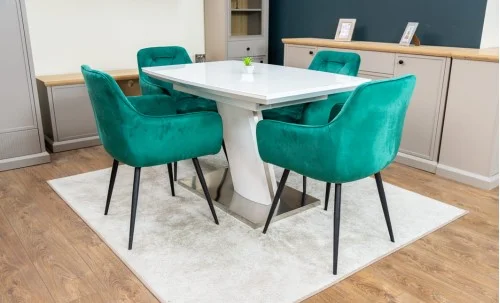 Set Masă Living Extensibilă KJT380 Blat Lucios Alb cu 4 Scaune KJC38 Verzi