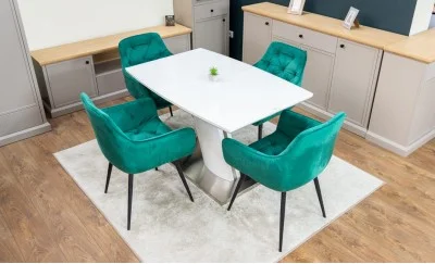 Set Masă Living Extensibilă KJT380 Blat Lucios Alb cu 4 Scaune KJC38 Verzi