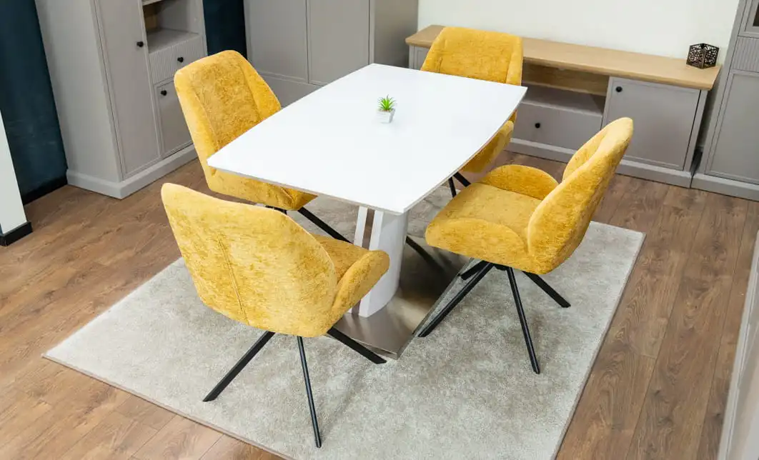 Set Masă Living Extensibilă KJT380 Blat Lucios Alb cu 4 Scaune Tapițate KJC4347 Galbene 5