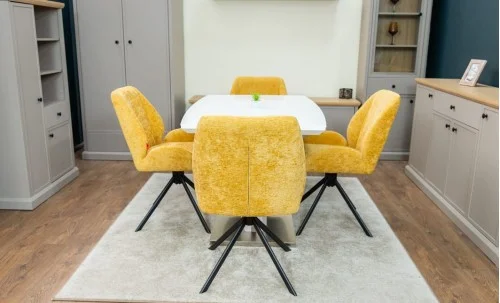 Set Masă Living Extensibilă KJT380 Blat Lucios Alb cu 4 Scaune Tapițate KJC4347 Galbene