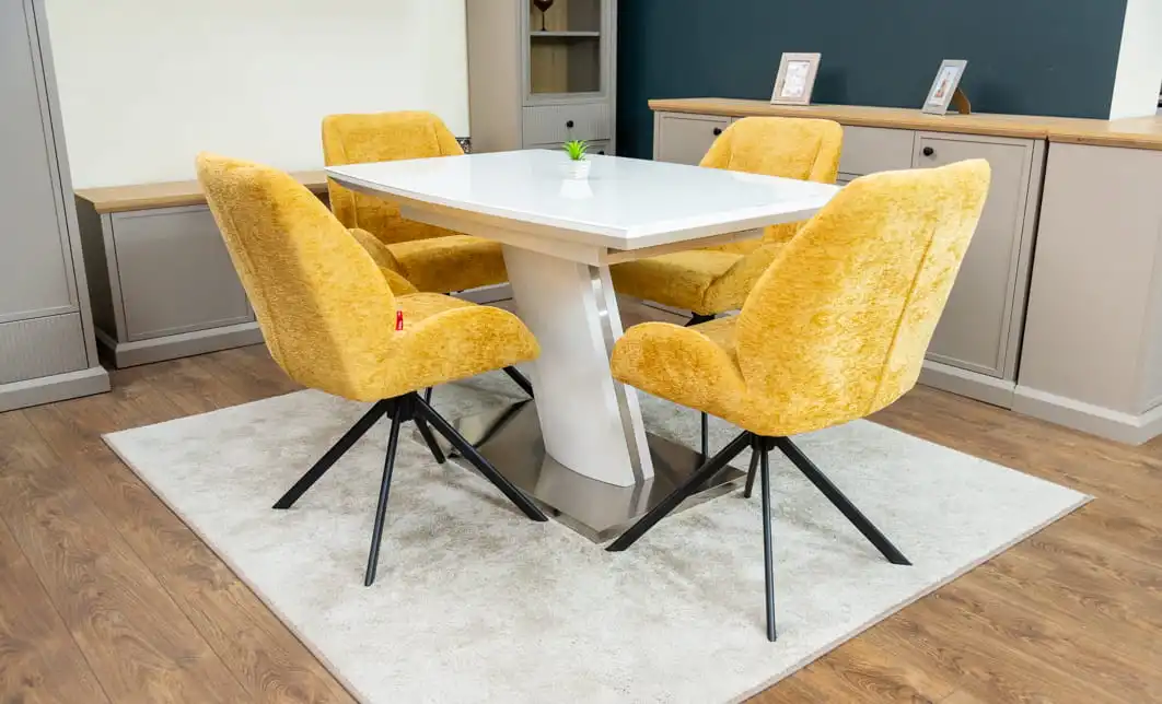 Set Masă Living Extensibilă KJT380 Blat Lucios Alb cu 4 Scaune Tapițate KJC4347 Galbene 2