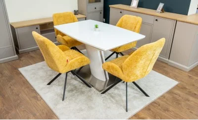 Set Masă Living Extensibilă KJT380 Blat Lucios Alb cu 4 Scaune Tapițate KJC4347 Galbene
