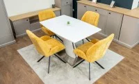 Set Masă Living Extensibilă KJT380 Blat Lucios Alb cu 4 Scaune Tapițate KJC4347 Galbene
