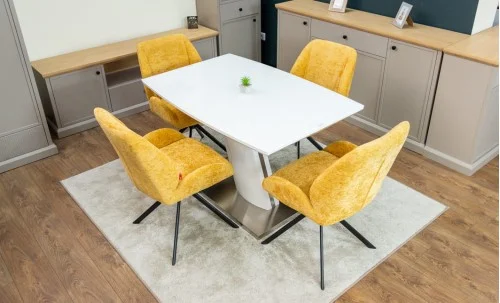 Set Masă Living Extensibilă KJT380 Blat Lucios Alb cu 4 Scaune Tapițate KJC4347 Galbene