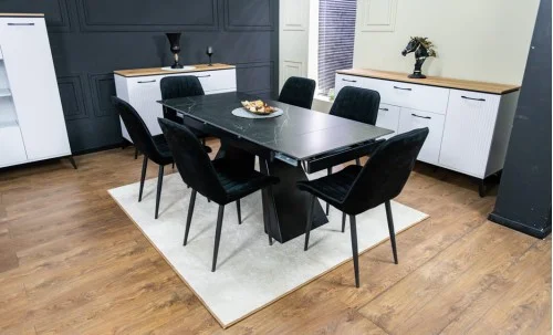 Set Masă Living Extensibilă KJT416 Neagră cu 6 Scaune KJC176 Negre