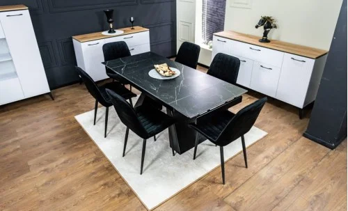 Set Masă Living Extensibilă KJT416 Neagră cu 6 Scaune KJC176 Negre