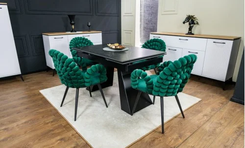Set Masă Living Extensibilă KJT416 Neagră cu 4 Scaune KJC376 Verzi