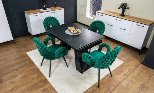 Set Masă Living Extensibilă KJT416 Neagră cu 4 Scaune KJC376 Verzi