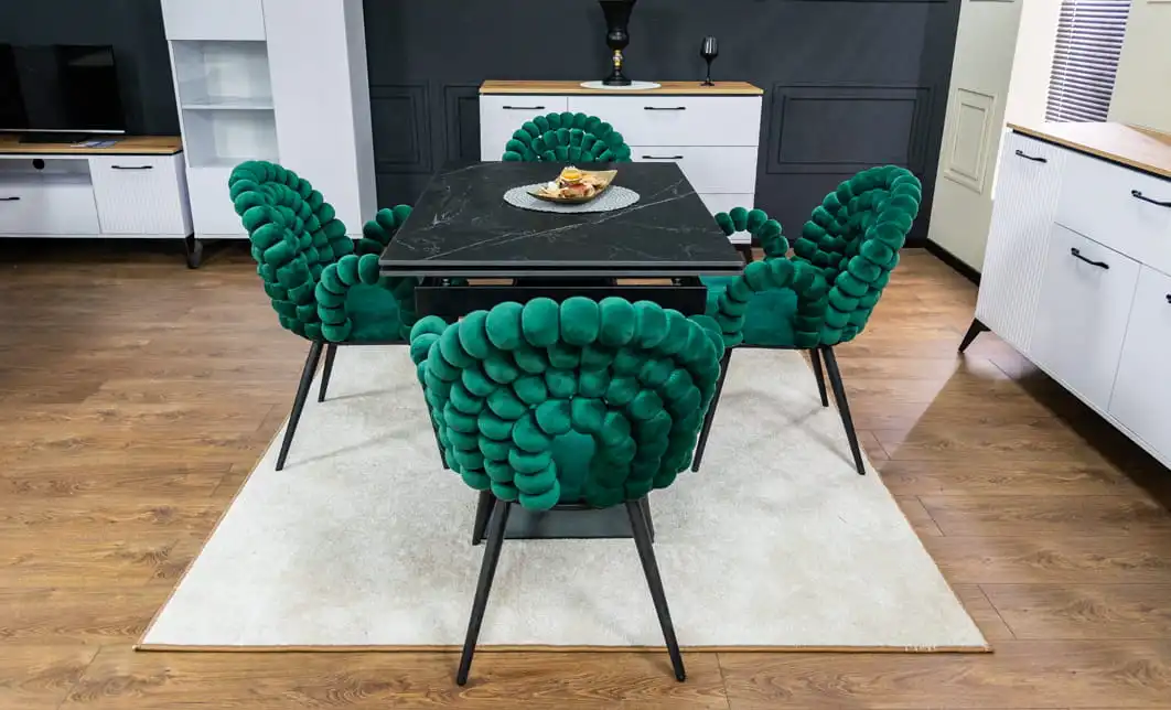 Set Masă Living Extensibilă KJT416 Neagră cu 4 Scaune KJC376 Verzi 3