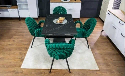 Set Masă Living Extensibilă KJT416 Neagră cu 4 Scaune KJC376 Verzi