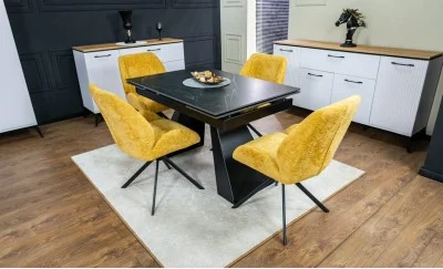 Set Masă Living Extensibilă KJT416 Neagră cu 4 Scaune KJC4347 Galbene