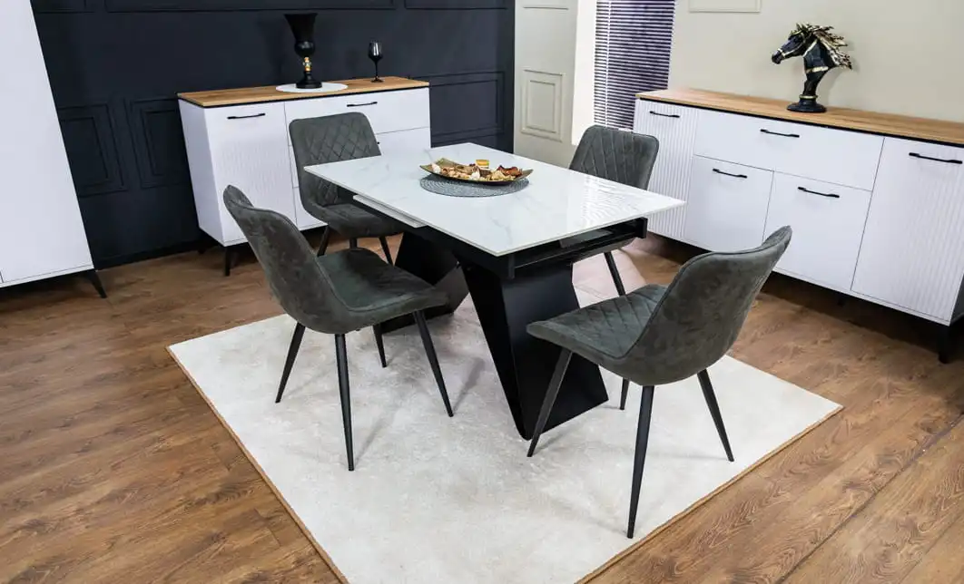 Set Masă Living Extensibilă KJT417 Albă cu 4 Scaune J262-L Gri