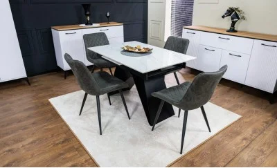 Set Masă Living Extensibilă KJT417 Albă cu 4 Scaune J262-L Gri