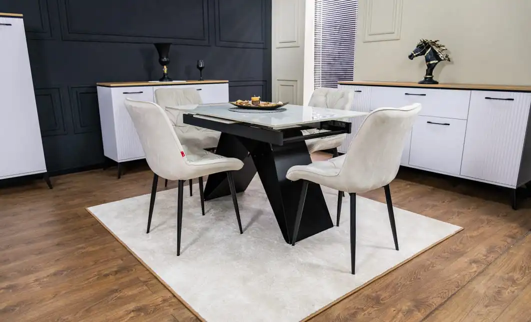 Set Masă Living Extensibilă KJT417 Albă cu 4 Scaune KJC0357 Bej 2