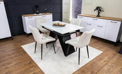 Set Masă Living Extensibilă KJT417 Albă cu 4 Scaune KJC0357 Bej
